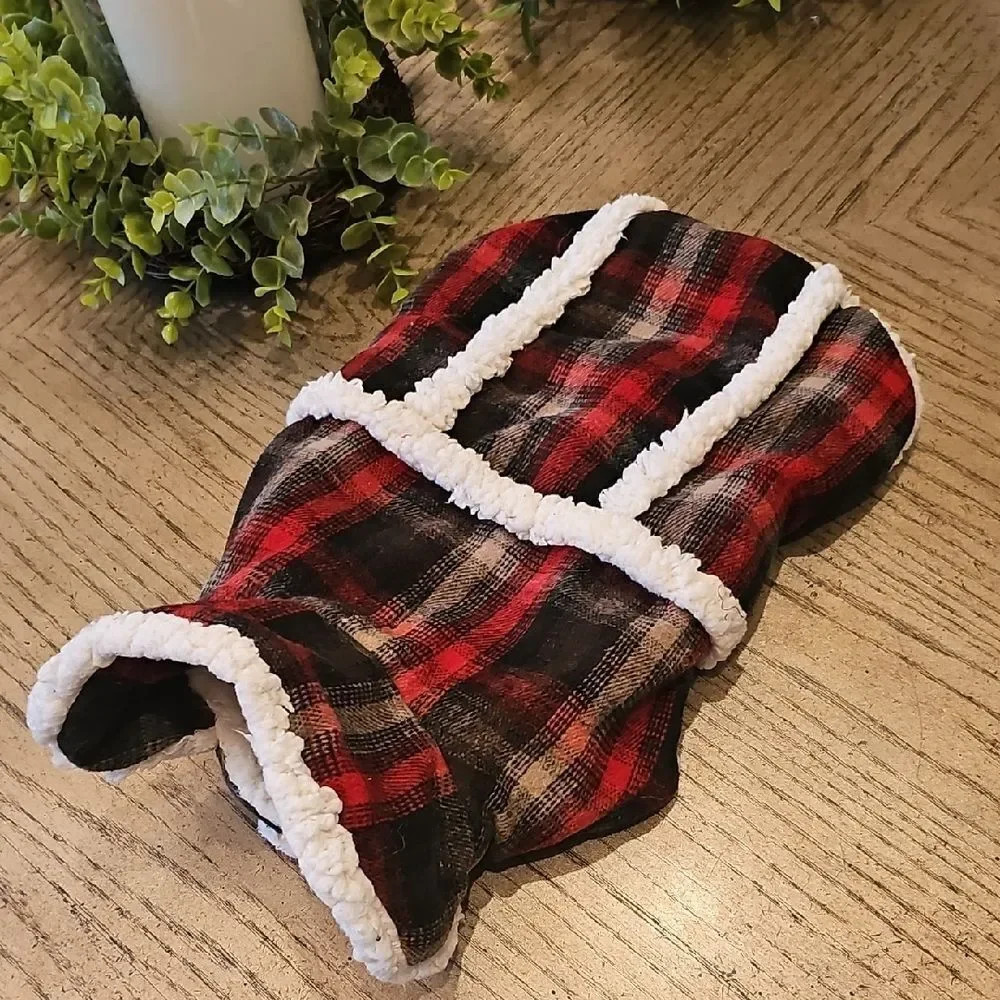 Plaid Dog Jacket with Sherpa Trim Size M